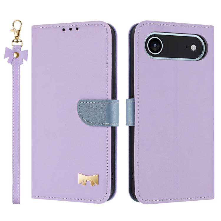 For iPhone Air Metal Bow Leather Phone Case with Hand Strap(Purple) - iPhone Air Cases by buy2fix | Online Shopping UK | buy2fix