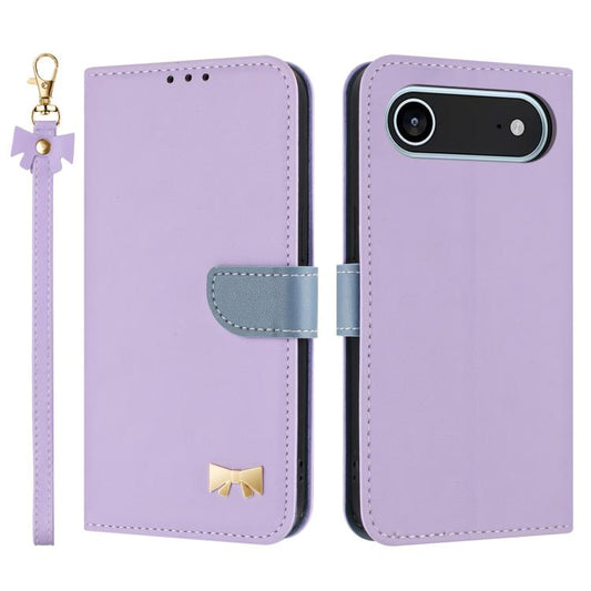 For iPhone Air Metal Bow Leather Phone Case with Hand Strap(Purple) - iPhone Air Cases by buy2fix | Online Shopping UK | buy2fix
