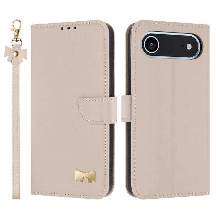 For iPhone Air Metal Bow Leather Phone Case with Hand Strap(Apricot) - iPhone Air Cases by buy2fix | Online Shopping UK | buy2fix