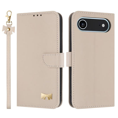 For iPhone Air Metal Bow Leather Phone Case with Hand Strap(Apricot) - iPhone Air Cases by buy2fix | Online Shopping UK | buy2fix