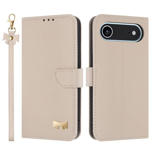 For iPhone Air Metal Bow Leather Phone Case with Hand Strap(Apricot) - iPhone Air Cases by buy2fix | Online Shopping UK | buy2fix