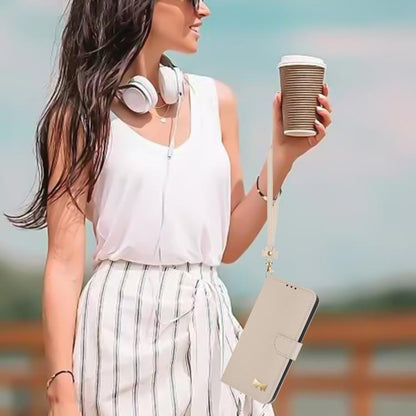 For iPhone Air Metal Bow Leather Phone Case with Hand Strap(Apricot) - iPhone Air Cases by buy2fix | Online Shopping UK | buy2fix