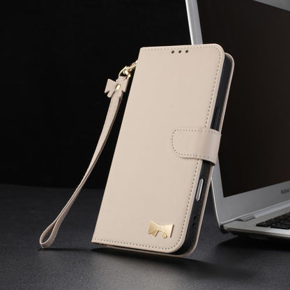 For iPhone Air Metal Bow Leather Phone Case with Hand Strap(Apricot) - iPhone Air Cases by buy2fix | Online Shopping UK | buy2fix