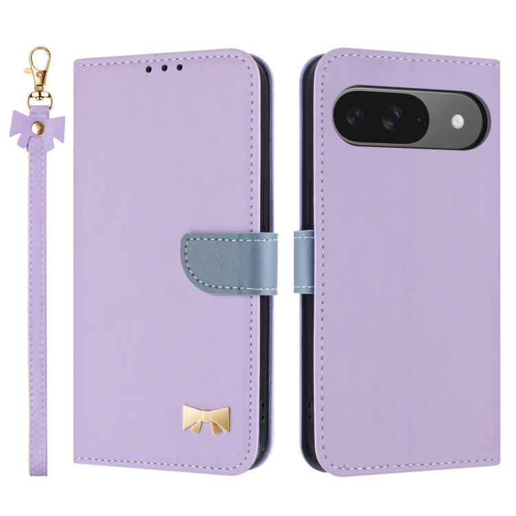 For Google Pixel 10 Pro / 9 Pro Metal Bow Leather Phone Case with Hand Strap(Purple) - Google Cases by buy2fix | Online Shopping UK | buy2fix