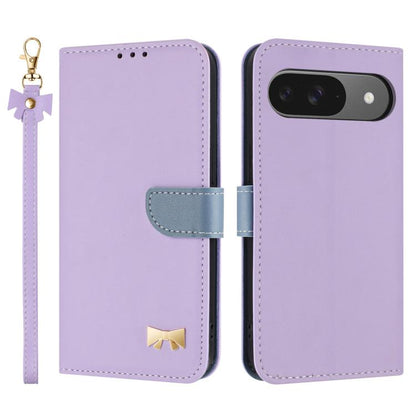 For Google Pixel 10 Pro / 9 Pro Metal Bow Leather Phone Case with Hand Strap(Purple) - Google Cases by buy2fix | Online Shopping UK | buy2fix