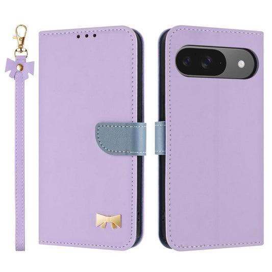 For Google Pixel 10 Pro / 9 Pro Metal Bow Leather Phone Case with Hand Strap(Purple) - Google Cases by buy2fix | Online Shopping UK | buy2fix