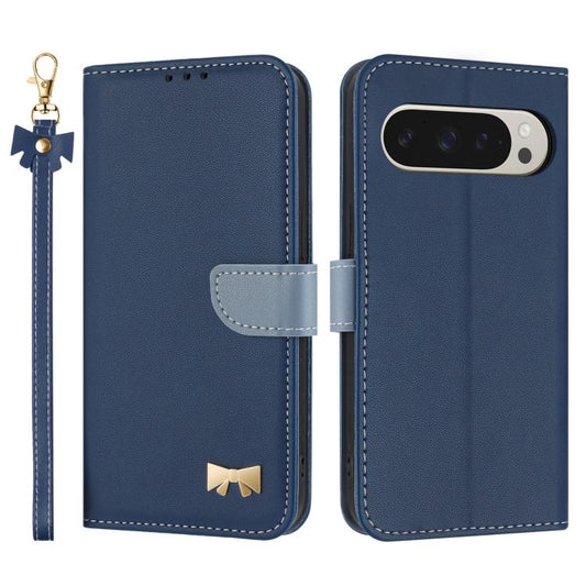 For Google Pixel 10 Pro XL / 9 Pro XL Metal Bow Leather Phone Case with Hand Strap(Dark Blue) - Google Cases by buy2fix | Online Shopping UK | buy2fix