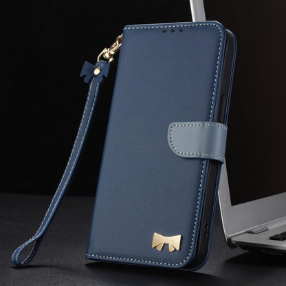 For Google Pixel 10 Pro XL / 9 Pro XL Metal Bow Leather Phone Case with Hand Strap(Dark Blue) - Google Cases by buy2fix | Online Shopping UK | buy2fix