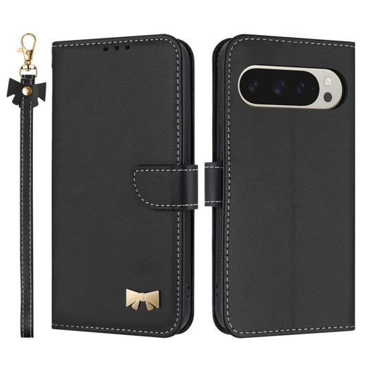 For Google Pixel 10 Pro XL / 9 Pro XL Metal Bow Leather Phone Case with Hand Strap(Black) - Google Cases by buy2fix | Online Shopping UK | buy2fix