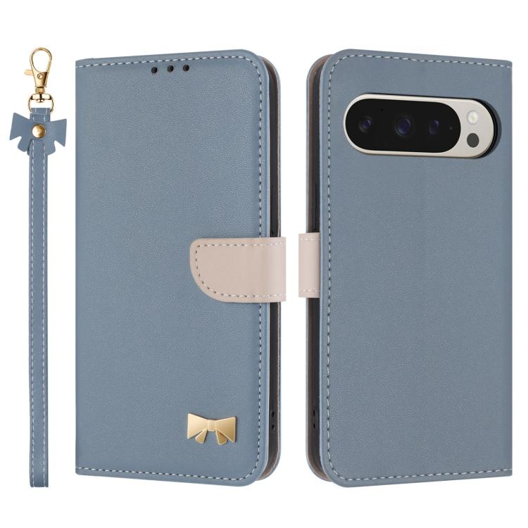 For Google Pixel 10 Pro XL / 9 Pro XL Metal Bow Leather Phone Case with Hand Strap(Light Blue) - Google Cases by buy2fix | Online Shopping UK | buy2fix