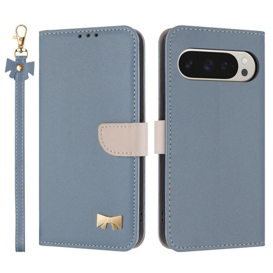 For Google Pixel 10 Pro XL / 9 Pro XL Metal Bow Leather Phone Case with Hand Strap(Light Blue) - Google Cases by buy2fix | Online Shopping UK | buy2fix