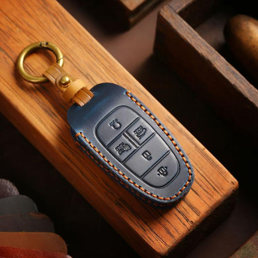 For Hyundai Staria / Sonata 3-button B121 Crazy Horse Cowhide Car Key Protection Cover(Blue) - Car Key Cases by Hallmo | Online Shopping UK | buy2fix
