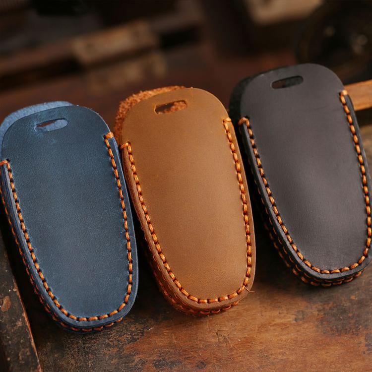 For Hyundai Staria / Sonata 3-button B121 Crazy Horse Cowhide Car Key Protection Cover(Blue) - Car Key Cases by Hallmo | Online Shopping UK | buy2fix