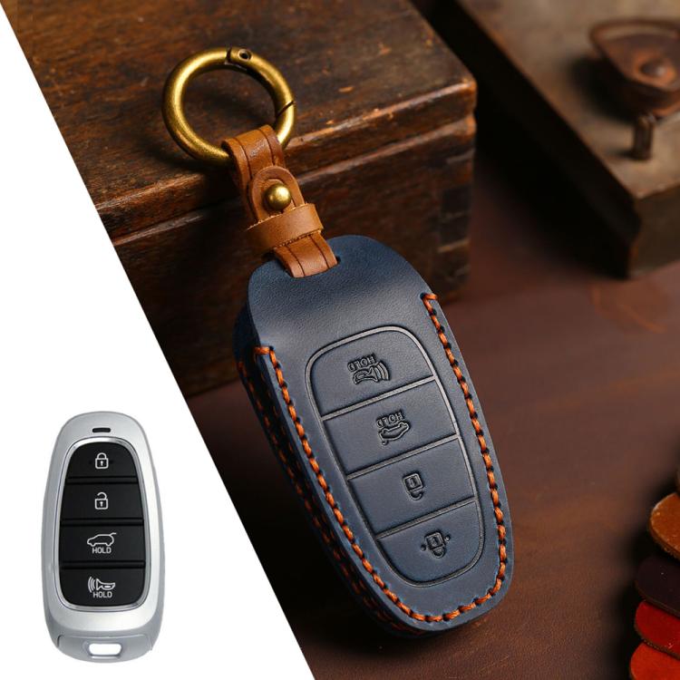 For Hyundai Staria / Sonata 4-button B122 Crazy Horse Cowhide Car Key Protection Cover(Blue) - Car Key Cases by Hallmo | Online Shopping UK | buy2fix