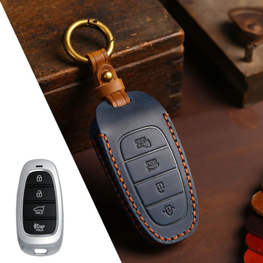 For Hyundai Staria / Sonata 4-button B122 Crazy Horse Cowhide Car Key Protection Cover(Blue) - Car Key Cases by Hallmo | Online Shopping UK | buy2fix