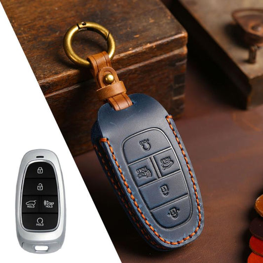 For Hyundai Staria / Sonata 5-button B123 Crazy Horse Cowhide Car Key Protection Cover(Blue) - Car Key Cases by Hallmo | Online Shopping UK | buy2fix