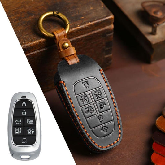 For Hyundai Staria / Sonata 7-button B124 Crazy Horse Cowhide Car Key Protection Cover(Black) - Car Key Cases by Hallmo | Online Shopping UK | buy2fix