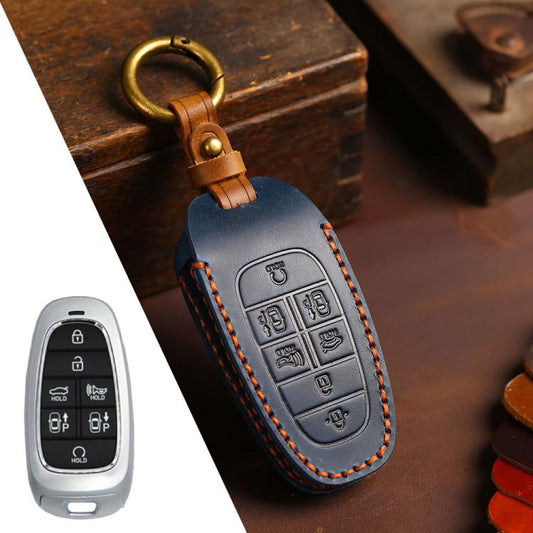 For Hyundai Staria / Sonata 7-button B124 Crazy Horse Cowhide Car Key Protection Cover(Blue) - Car Key Cases by Hallmo | Online Shopping UK | buy2fix