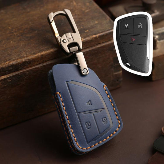 For Buick Envision Plus 2023 Hallmo Crazy Horse Cowhide Car Key Protection Cover(3-button Blue) - Car Key Cases by Hallmo | Online Shopping UK | buy2fix