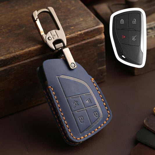 For Buick Envision Plus 2023 Hallmo Crazy Horse Cowhide Car Key Protection Cover(4-button Blue) - Car Key Cases by Hallmo | Online Shopping UK | buy2fix