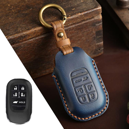For Honda Odyssey 2024 Hallmo Crazy Horse Cowhide Car Key Protection Cover(5-button Blue)