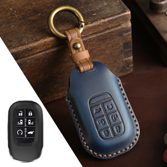 For Honda Odyssey 2024 Hallmo Crazy Horse Cowhide Car Key Protection Cover(6-button Blue)