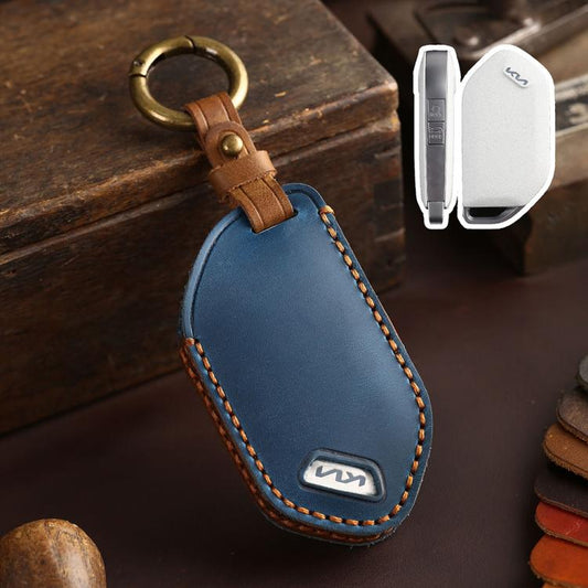 For Kia K3 / K5 2024 Hallmo Crazy Horse Cowhide Car Key Protection Cover(6-button Blue) - Car Key Cases by Hallmo | Online Shopping UK | buy2fix
