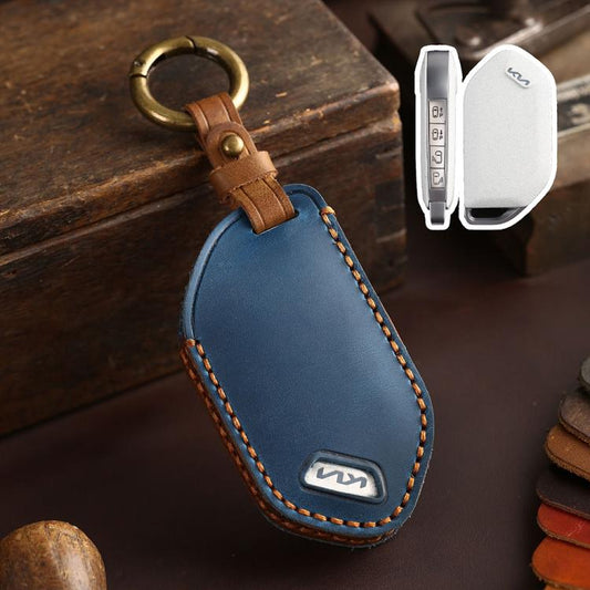 For Kia K3 / K5 2024 Hallmo Crazy Horse Cowhide Car Key Protection Cover(9-button Blue) - Car Key Cases by Hallmo | Online Shopping UK | buy2fix