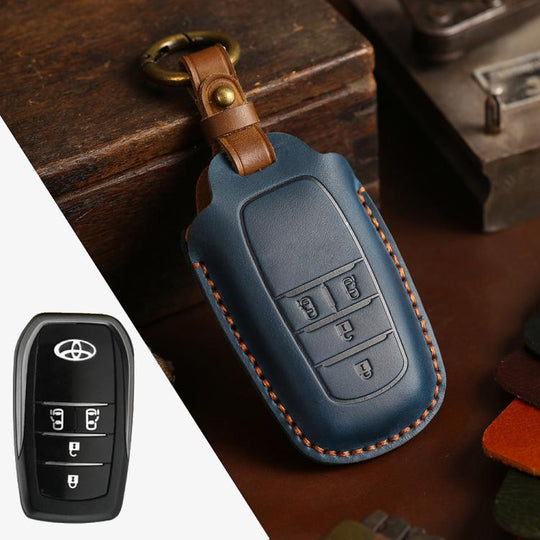 For Toyota Alphard Hallmo Crazy Horse Cowhide Car Key Protection Cover(4-button Blue)