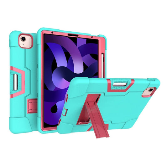 For iPad Air 2022 / 2020 10.9 Contrast Color Robot Shockproof Silicon + PC Protective Case with Holder & Pen Slot(Mint Green + Rose Red) - iPad Air (2022) / (2020) 10.9 Cases by buy2fix | Online Shopping UK | buy2fix
