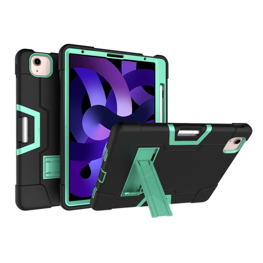 For iPad Air 2022 / 2020 10.9 Contrast Color Robot Shockproof Silicon + PC Protective Case with Holder & Pen Slot(Black + Mint Green) - iPad Air (2022) / (2020) 10.9 Cases by buy2fix | Online Shopping UK | buy2fix