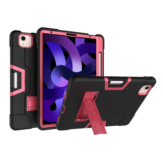 For iPad Air 2022 / 2020 10.9 Contrast Color Robot Shockproof Silicon + PC Protective Case with Holder & Pen Slot(Black + Rose Red) - iPad Air (2022) / (2020) 10.9 Cases by buy2fix | Online Shopping UK | buy2fix