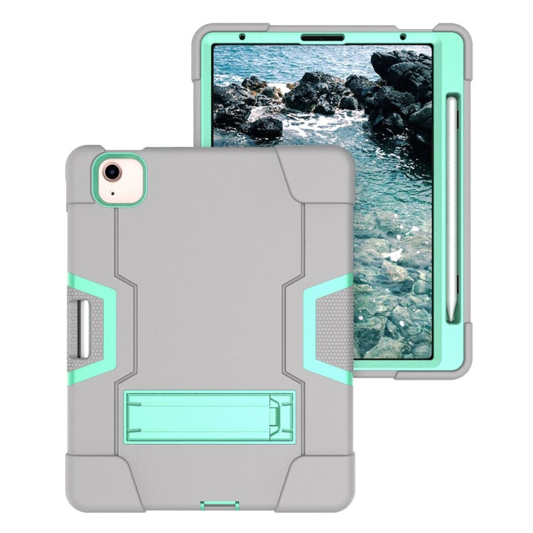 For iPad Air 2022 / 2020 10.9 Contrast Color Robot Shockproof Silicon + PC Protective Case with Holder & Pen Slot(Grey + Mint Green) - iPad Air (2022) / (2020) 10.9 Cases by buy2fix | Online Shopping UK | buy2fix