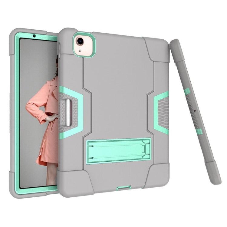 For iPad Air 2022 / 2020 10.9 Contrast Color Robot Shockproof Silicon + PC Protective Case with Holder & Pen Slot(Grey + Mint Green) - iPad Air (2022) / (2020) 10.9 Cases by buy2fix | Online Shopping UK | buy2fix