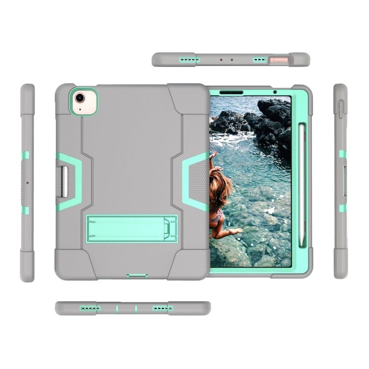 For iPad Air 2022 / 2020 10.9 Contrast Color Robot Shockproof Silicon + PC Protective Case with Holder & Pen Slot(Grey + Mint Green) - iPad Air (2022) / (2020) 10.9 Cases by buy2fix | Online Shopping UK | buy2fix