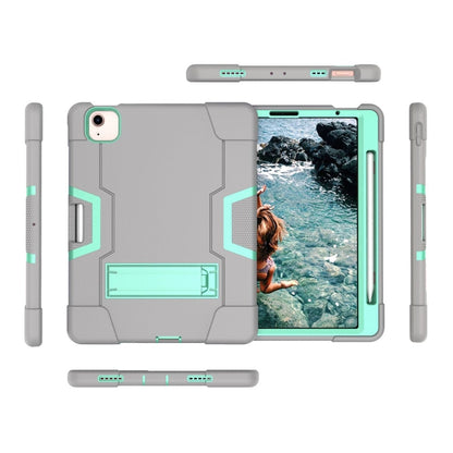 For iPad Air 2022 / 2020 10.9 Contrast Color Robot Shockproof Silicon + PC Protective Case with Holder & Pen Slot(Grey + Mint Green) - iPad Air (2022) / (2020) 10.9 Cases by buy2fix | Online Shopping UK | buy2fix