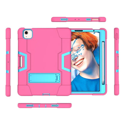 For iPad Air 2022 / 2020 10.9 Contrast Color Robot Shockproof Silicon + PC Protective Case with Holder & Pen Slot(Rose Red + Blue) - iPad Air (2022) / (2020) 10.9 Cases by buy2fix | Online Shopping UK | buy2fix