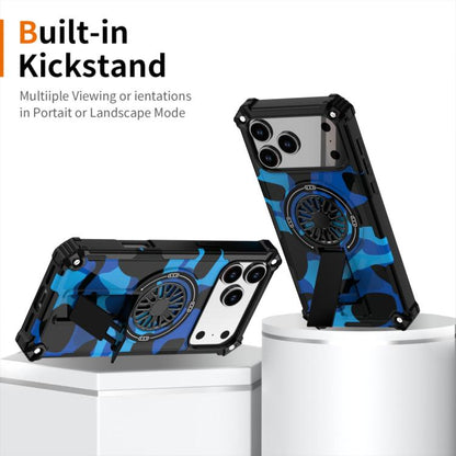 For iPhone 17 Pro Max Camouflage Kickstand Rotating Shaft MagSafe Phone Case(Blue Camouflage) - iPhone 17 Pro Max Cases by buy2fix | Online Shopping UK | buy2fix