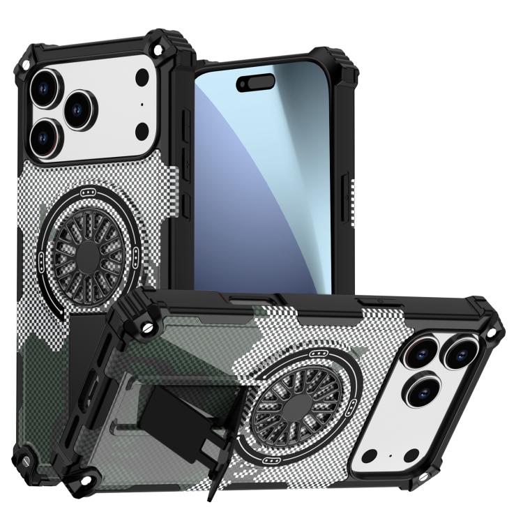 For iPhone 17 Pro Max Camouflage Kickstand Rotating Shaft MagSafe Phone Case(Carbon Fiber Grey) - iPhone 17 Pro Max Cases by buy2fix | Online Shopping UK | buy2fix