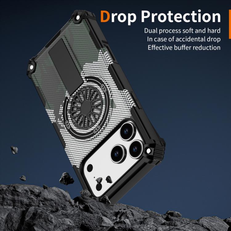 For iPhone 17 Pro Max Camouflage Kickstand Rotating Shaft MagSafe Phone Case(Carbon Fiber Grey) - iPhone 17 Pro Max Cases by buy2fix | Online Shopping UK | buy2fix