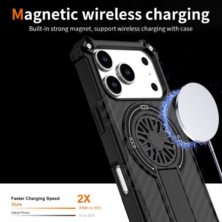 For iPhone 17 Pro Camouflage Kickstand Rotating Shaft MagSafe Phone Case(Carbon Fiber Black) - iPhone 17 Pro Cases by buy2fix | Online Shopping UK | buy2fix
