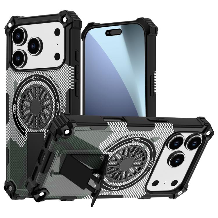 For iPhone 17 Pro Camouflage Kickstand Rotating Shaft MagSafe Phone Case(Carbon Fiber Grey) - iPhone 17 Pro Cases by buy2fix | Online Shopping UK | buy2fix