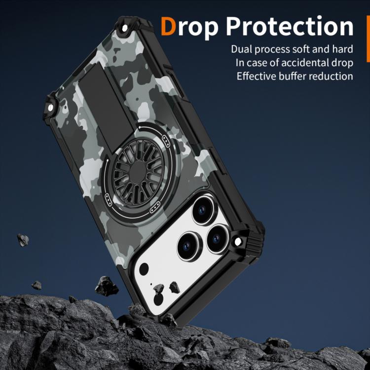 For iPhone 17 Camouflage Kickstand Rotating Shaft MagSafe Phone Case(Grey Camouflage) - iPhone 17 Cases by buy2fix | Online Shopping UK | buy2fix