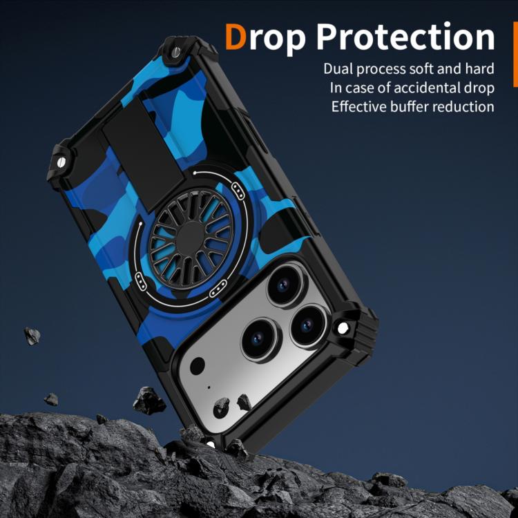 For iPhone 17 Camouflage Kickstand Rotating Shaft MagSafe Phone Case(Blue Camouflage) - iPhone 17 Cases by buy2fix | Online Shopping UK | buy2fix