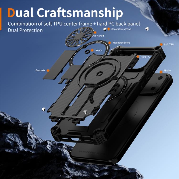 For iPhone 17 Camouflage Kickstand Rotating Shaft MagSafe Phone Case(Carbon Fiber Black) - iPhone 17 Cases by buy2fix | Online Shopping UK | buy2fix