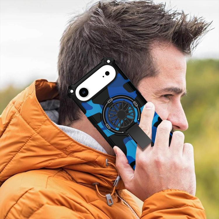 For iPhone Air Camouflage Kickstand Rotating Shaft MagSafe Phone Case(Carbon Fiber Sky Blue) - iPhone Air Cases by buy2fix | Online Shopping UK | buy2fix