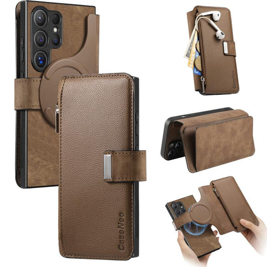 For Galaxy S24 Ultra 5G CaseNeo MagSafe RFID Anti-theft Zipper Wallet Retro Leather Phone Case(Brown)