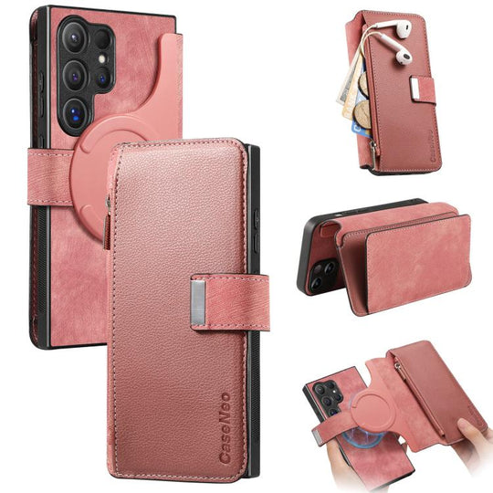 For Galaxy S24 Ultra 5G CaseNeo MagSafe RFID Anti-theft Zipper Wallet Retro Leather Phone Case(Pink)