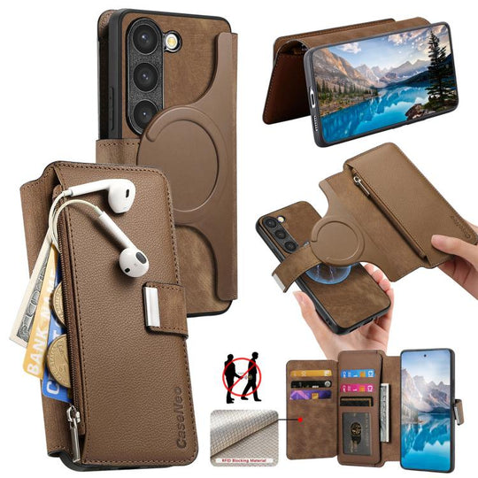 For Galaxy S23 5G CaseNeo MagSafe RFID Anti-theft Zipper Wallet Retro Leather Phone Case(Brown)