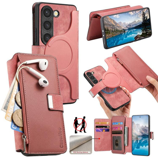 For Galaxy S23 5G CaseNeo MagSafe RFID Anti-theft Zipper Wallet Retro Leather Phone Case(Pink)